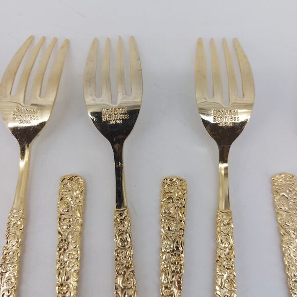 National Stainless Japan Salad Fork Gold Set of 10 Hollywood Regency - Picture 10 of 15